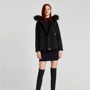 ZARA wool Black Faux Fur Hooded Outerwear "XS”